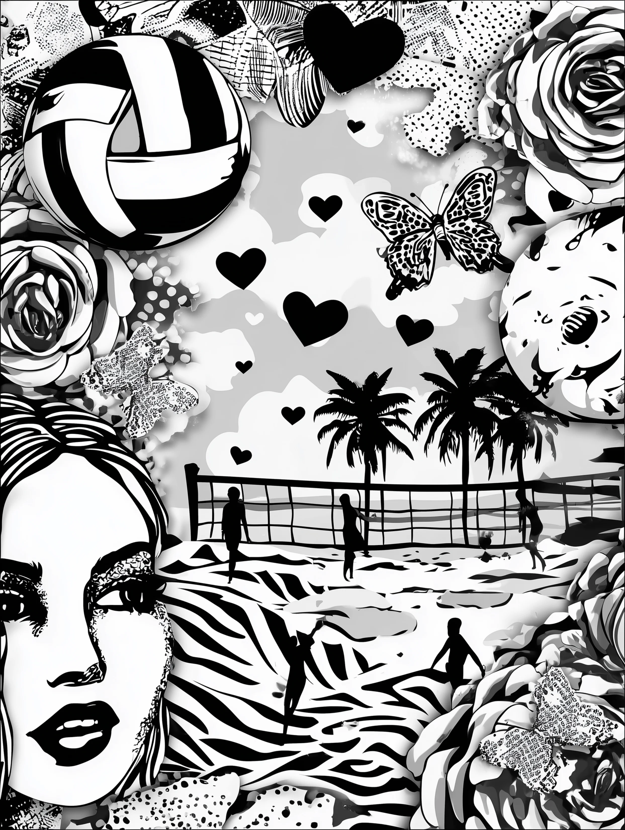 Free printable volleyball coloring page for adults featuring a collage of beach volleyball scenes